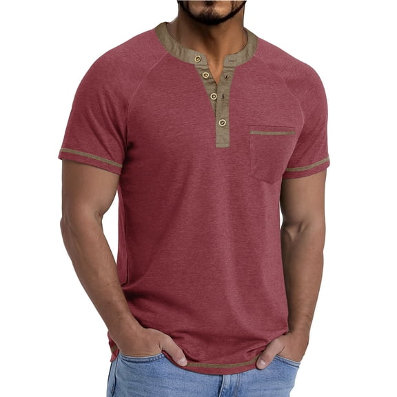 COSFO Solid Mens Shirts Casual Stylish Henley Cotton Short Sleeve Tops Pullover Button Loose Fit with Pocket Mens Classic T-Shirt