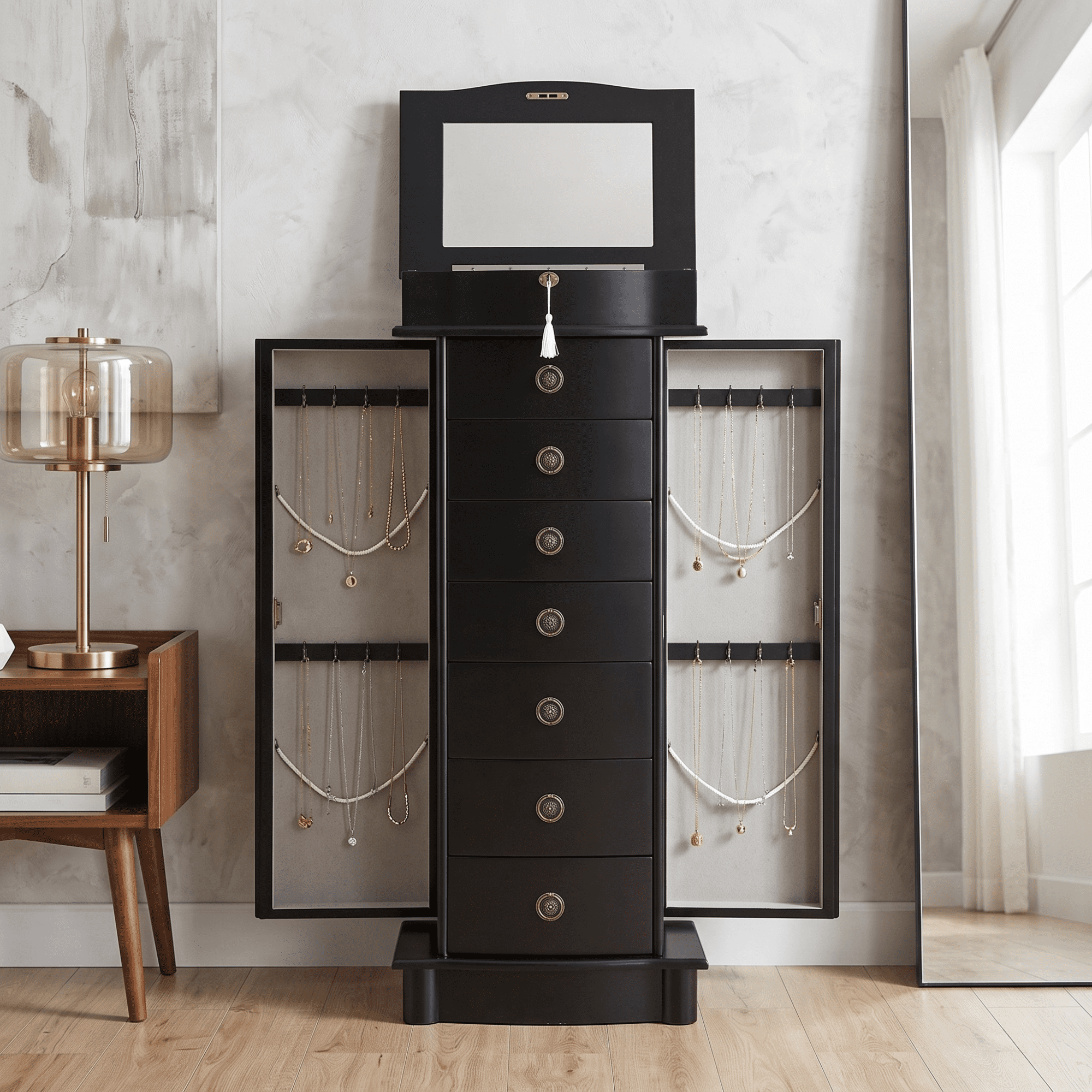 Hives and Honey Nora Traditional Jewelry Armoire with Locking Compartment and Ample Storage, Black