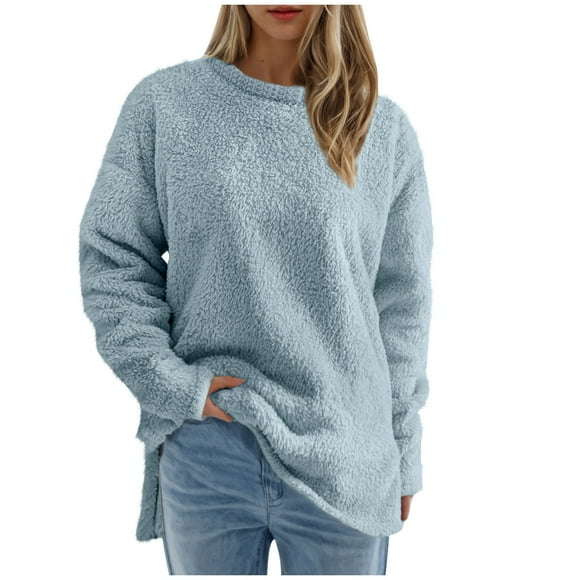 FAIWAD Women's Sherpa Sweaters Fuzzy Warm Tops Long Sleeve Crewneck Plush Split Hem Oversized Sweatshirts