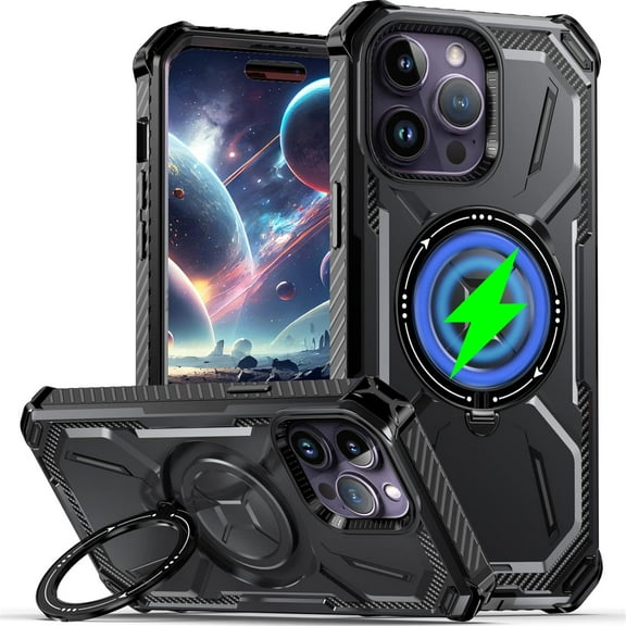 for Apple iPhone 14 Pro Max Case Compatible for Magsafe, Ultimate Protection Armor with Ring Holder Fit for Magsafe Wireless Charger Phone Case for iPhone 14 Pro Max HJJ Black
