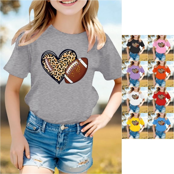Trendfront Little Girls Sporty Tops Leopard Cheetah Heart Rugby Football Vintage Print Casual Crewneck Short Sleeve T-Shirt Everyday Active Fitness Gear Tee