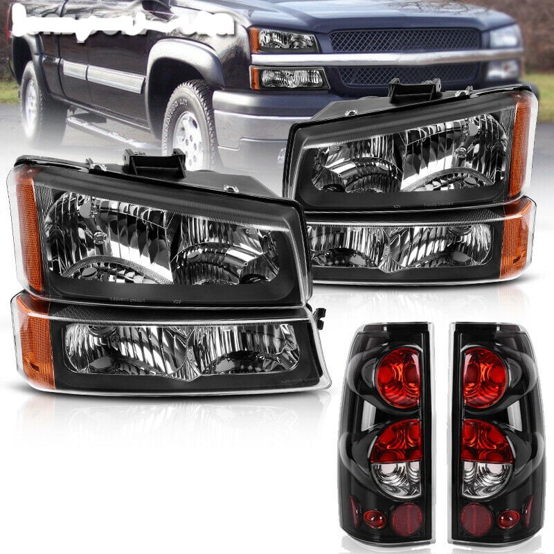 Yitamotor Headlights For 2003-2006 Chevy Silverado Headlights + Bumper Lamp + Tail Lights Housing Head Light Assembly Set Black