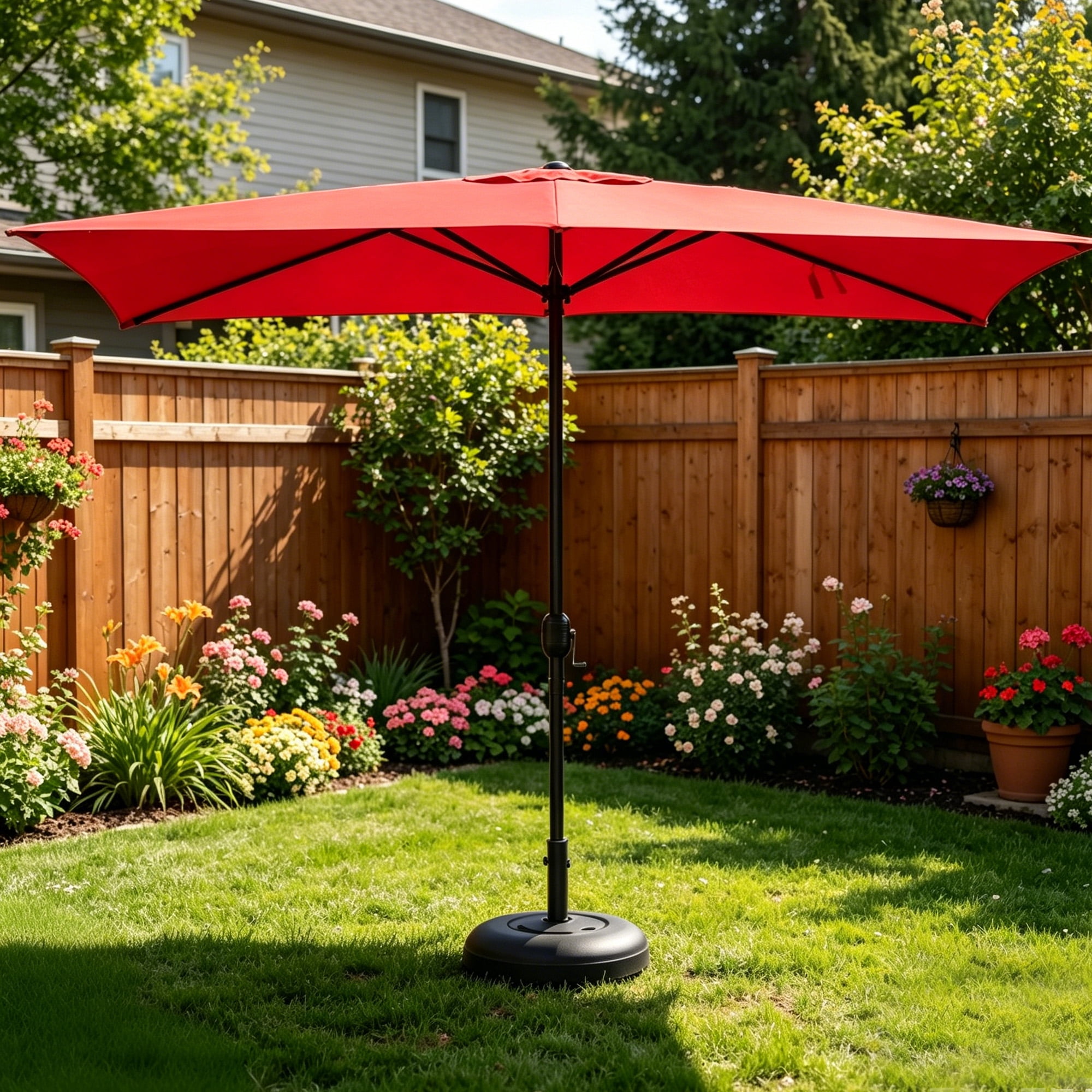 Kool 10x6.5ft Rectangular Patio Umbrella with Crank Handle, Outdoor Market Umbrella with 6 Sturdy Umbrella Ribs, Waterproof, Red