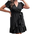 thumbnail image 2 of Antinious Ladies Summer Beach Dress,Elegant Dresses for Women,Party Dresses for Women Short Sleeved Solid Sleeved Ruffle V-Neck Dress,Black,L, 2 of 5