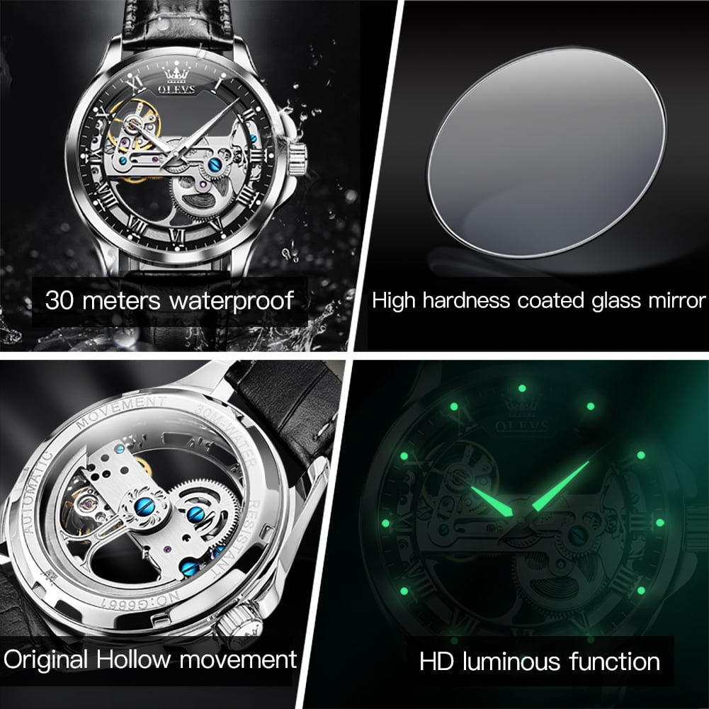 OLEVS Automatic Watches for Men Skeleton Black Leather Band Large Face Self Winding Mechanical Mens Dress Watches Waterproof Easy to Read Luminous Business Casual Mens Wrist Watches Reloj Para Hombre