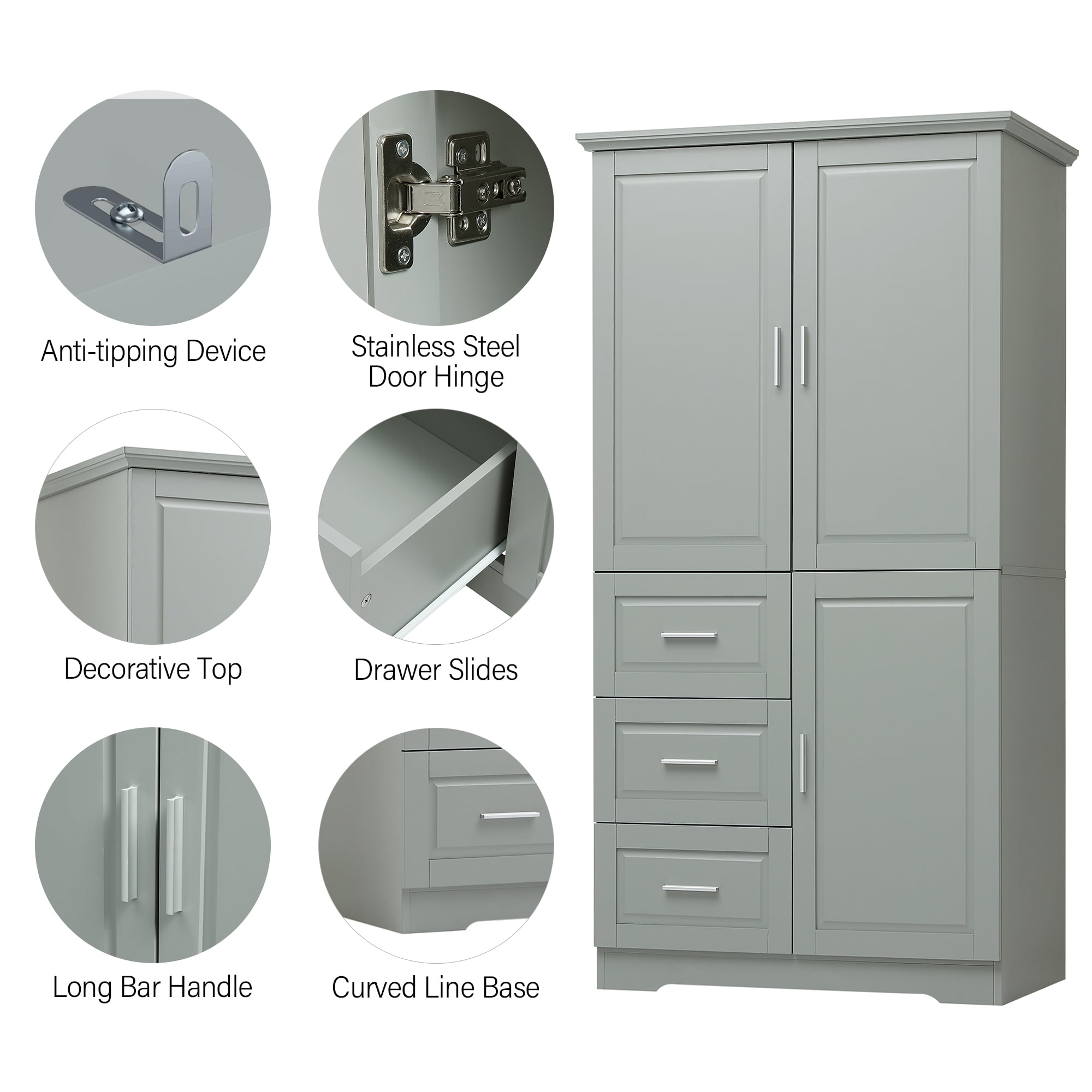 Euroco Tall Freestanding Storage Cabinet with 3 Drawers and Adjustable Shelf, Wide Linen Tower Cabinet with Doors, Waterproof Painted MDF, Anti-Tipping Kit