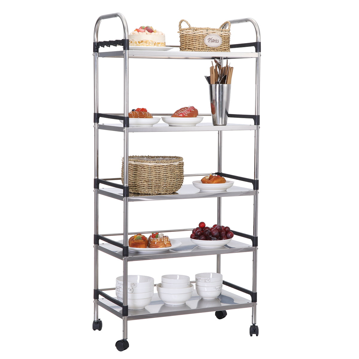Thicken Stainless 52" H Shelving Unit 5-Tier with Wheels Kitchen Bakers 5 Tier Stainless Steel Rack