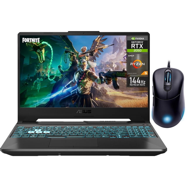 laptop gamer asus tuf gaming a15 nvidia geforce rtx 2050 amd ryzen 5 7535hs 24gb ram 1tb ssd 15.6 windows 11 home + mouse dxt gaming teclado en español negro Vista frontal de la laptop ASUS TUF Gaming A15 en negro con pantalla IPS de 15.6" mostrando un juego, teclado retroiluminado (1 zona) en español con iluminación cyan, logotipos en pantalla de NVIDIA GeForce RTX 2050, AMD Ryzen 5 y 144Hz, mouse DXT cableado a la derecha e indicación de Wi‑Fi 6; adecuada para gaming y streaming.
