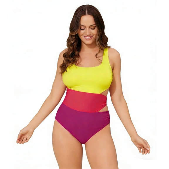 URSOFINE Women's Color Block Cutout One-Piece Swimsuit with Crisscross Back
