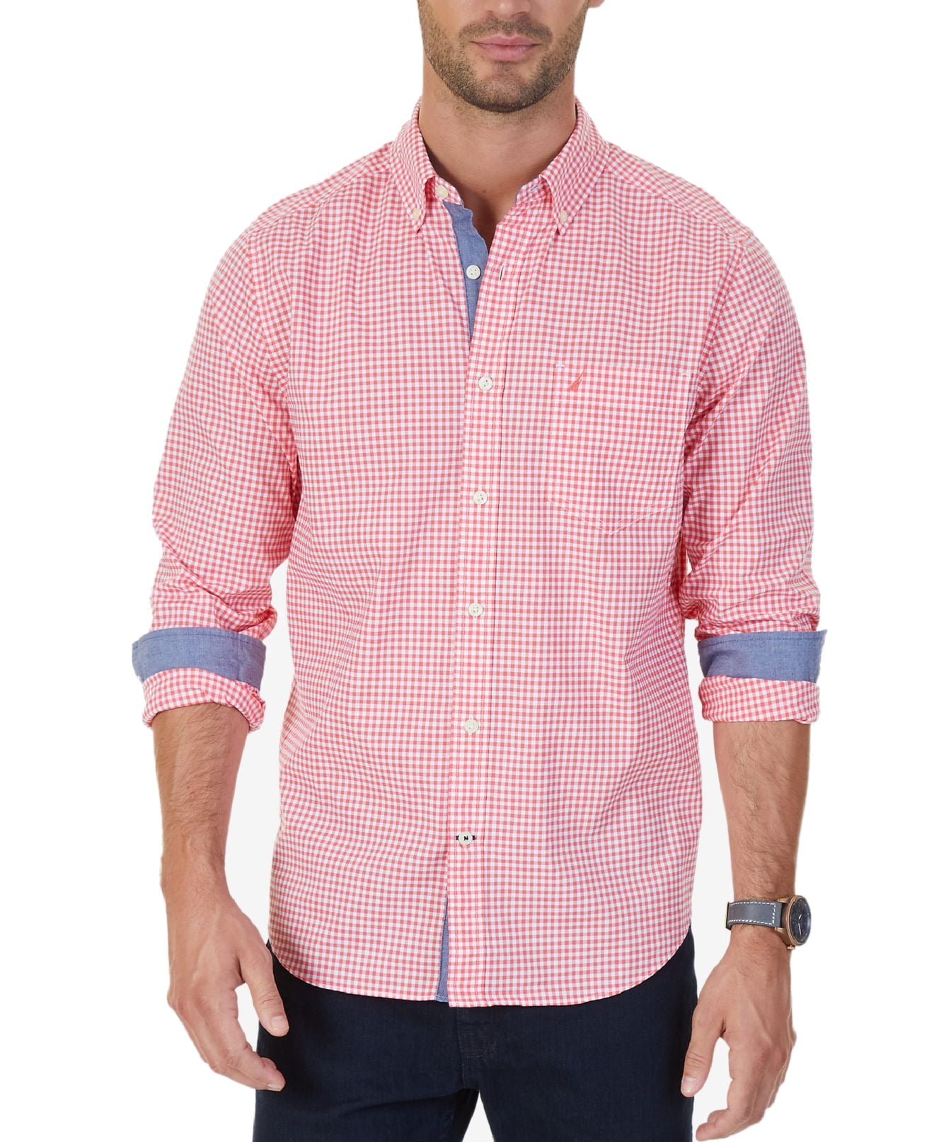 Nautica Mens Dress Shirt Medium Button Front Check Print M Walmart