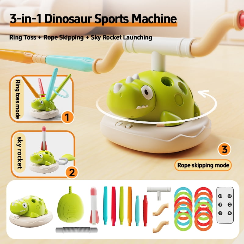 3-in-1 Dinosaur Musical Jumping Game, Toss Ring and Rocket Launcher with Remote Control, Kids Outdoor Indoor Toy Ages 3-8, No Battery