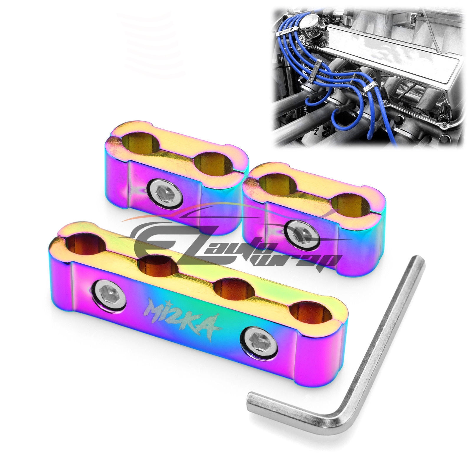 3PC NEO CHROME ENGINE SPARK PLUG WIRE SEPARATOR DIVIDER CLAMP KIT 8MM 9MM 10MM