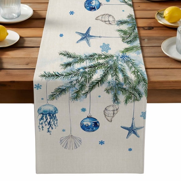 Blue Coastal Christmas Cotton Linen Table Runner for Dining Kitchen, Xmas Botanical Starfish Rustic Wedding Outdoor Party Tablerunners Decoration, Dresser Scarf Coffee Tablecloth Runners 13x72 Inches