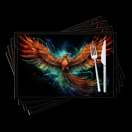 

BaHomeck placemats Set of 4 Majestic Phoenix Soaring With Vibrant Feathers Glowing In The Dark Cotton Linen rectangle Placemats for Kitchen Dining Table Indoor Outdoor 18*12inch