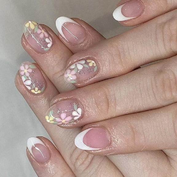 Flower Press on Nail Acrylic Nail French Tip Glossy Short False Nail 24Pcs