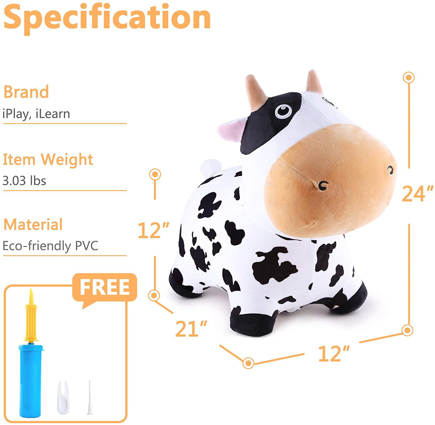 Indoor n Outdoor Ride on Jumping Bounce Toys W/ Pump iPlay Activity Gift for 18 Months 2 3 4 5 Year Old Kids Toddlers Boys Girls iLearn Bouncy Pals Cow Hopping Horse Plush Inflatable Animal Hopper 