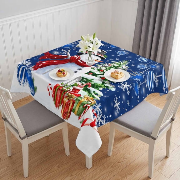 Navy Blue Christmas Table Cloth Waterproof Tablecloths, Snowman Xmas Tree Ball Gifts Winter Tablecloth Dining Table Cover for Kitchen Party Tabletop Outdoor, Square Tablecloth 60x60 Inch