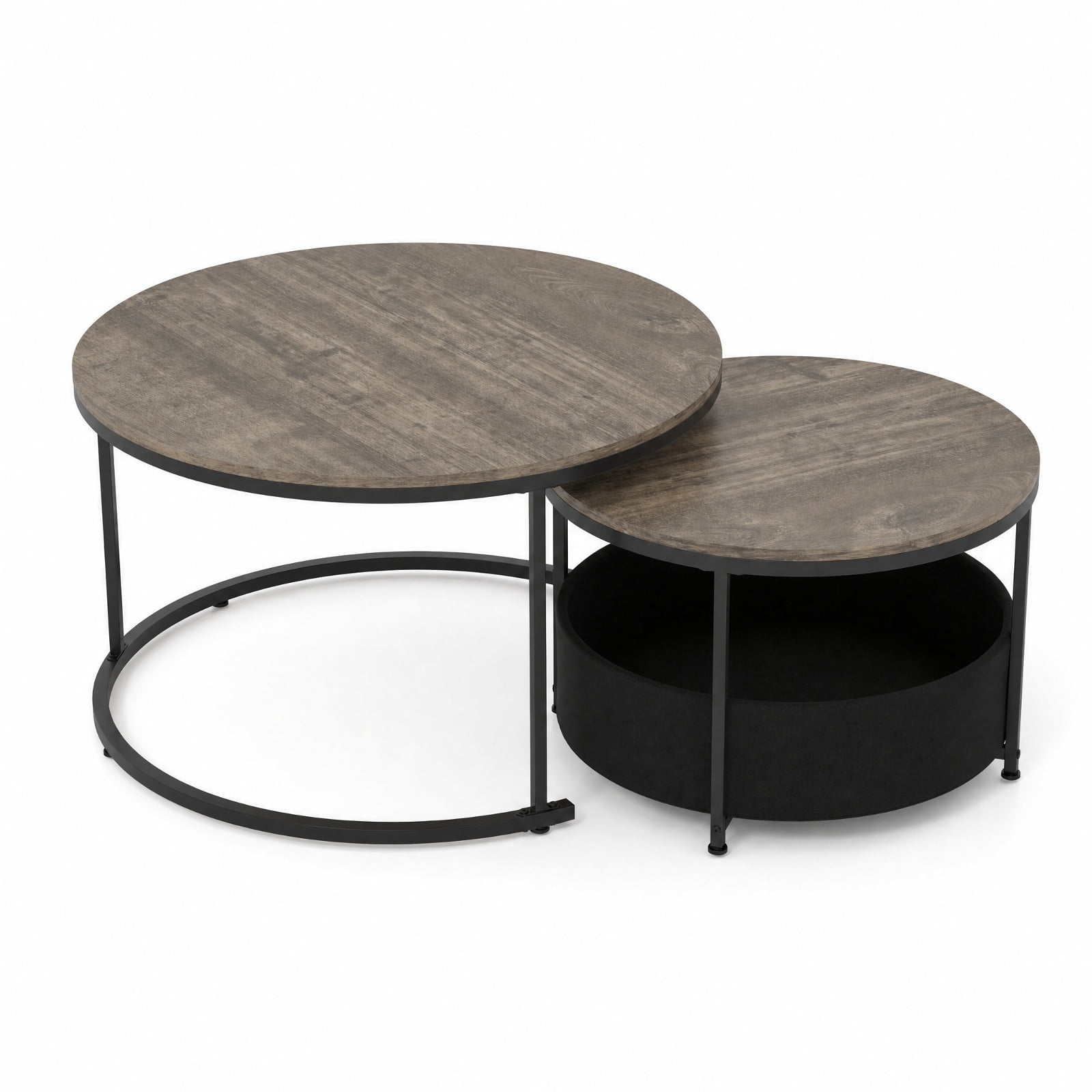 Furnibear Round Coffee Table Set of 2 Nesting Cocktail Tables with Fabric Storage Basket for Living Room and Bedroom, Gray