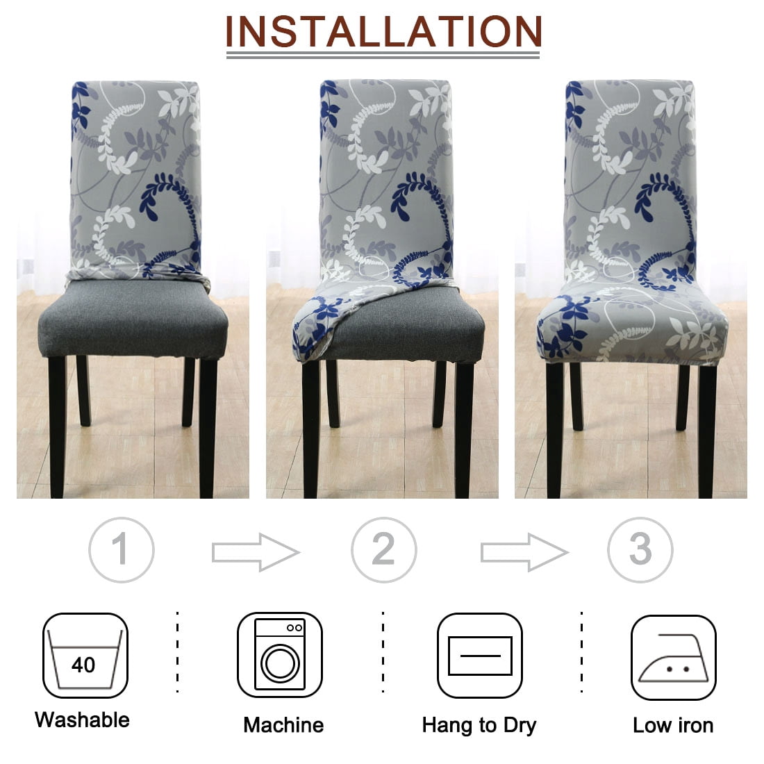 Unique Bargains Stretch Floral Print Dining Chair Cover Gray and Deep Blue M