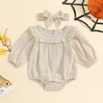 thumbnail image 3 of FAOWME Baby Girl Clothes Long Sleeve Romper Solid Color Jumpsuit Onesie Bodysuit+Headband 2Pcs Girl Outfits Beige 3-6 Months, 3 of 3