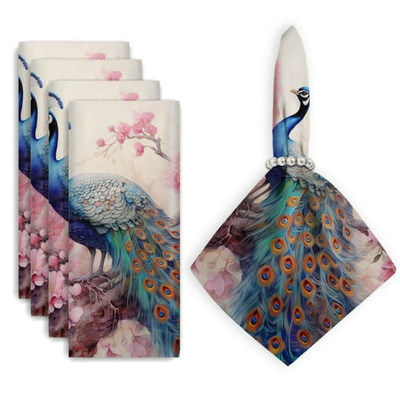 Bahomeck Cloth Napkins Set Of 4,18*18 Inch Washable Polyester Napkins Dining Table Napkins Weddings Party Dinner Parties(Beautiful Peacock With Vibrant Blue And Green Plumage)