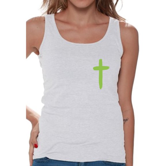 Awkward Styles Green Cross Tank Tops for Women Christian Clothes for Ladies Following Jesus Womens T-Shirt Christian Gifts Jesus Tank Top Jesus Clothing Jesus T Shirt for Her Cross Ladies Shirt