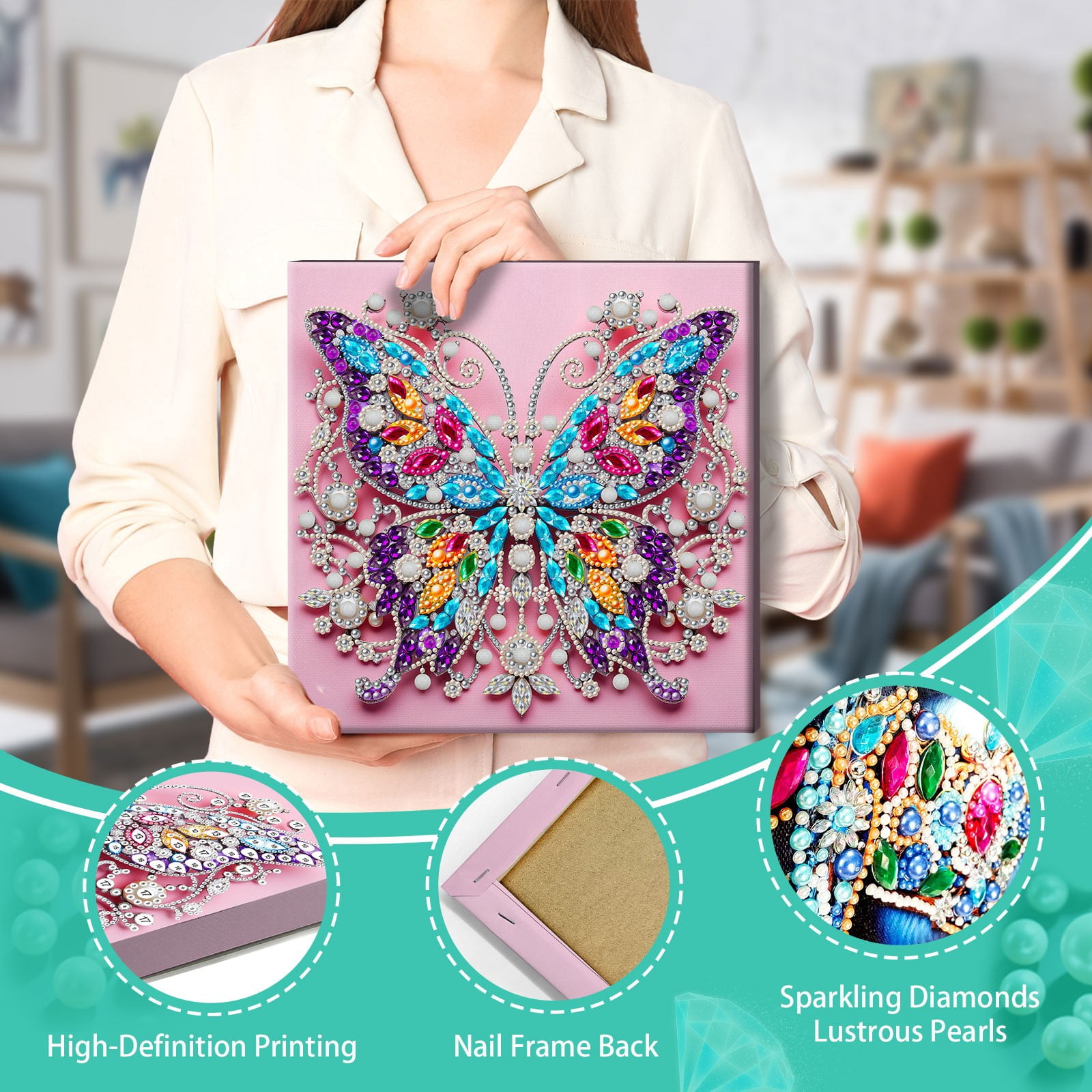 FLOPESN DIY Pearl Painting Kit with Wood Frame, 11.42x11.42 Inch Home Wall Art Decor, Mindful Adult Craft for Stress Relief and Relaxation-Butterfly-1