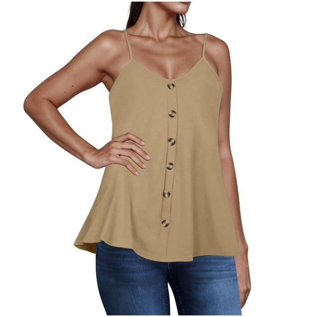 Yuyuzo Tank Tops for Women Spaghetti Strap Sleeveless Button Front Shirt Ruffle Hem Babydoll Blouses