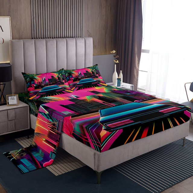Erosebridal Racing Car Sheet Set Queen, Street Stripes Bedding Sets Queen Size, Flamingo Decor 4 Pieces