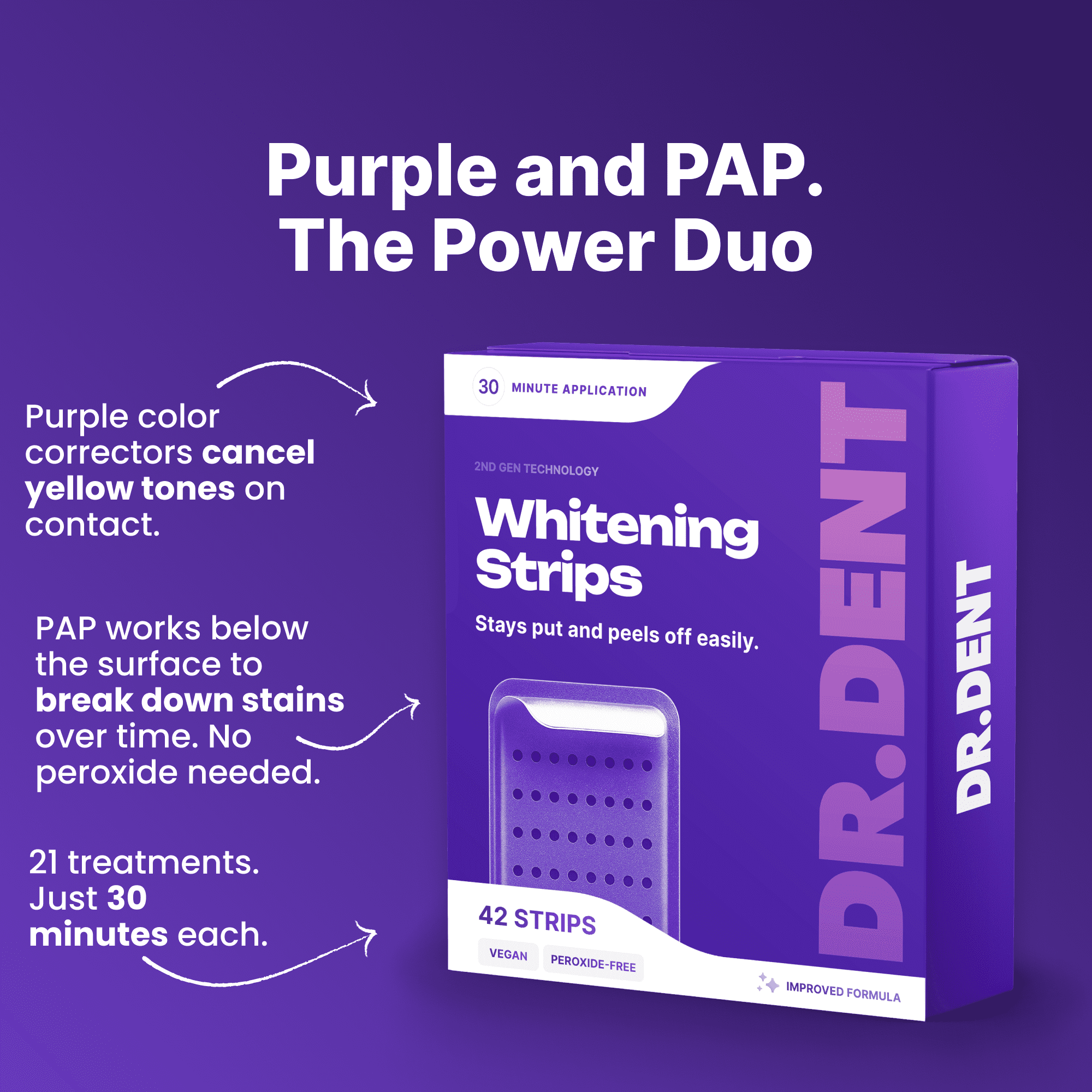 DRDENT Purple Teeth Whitening Strips 21 Treatments - Safe for Enamel - Non Sensitive Teeth Whitening - Whitening Without Any Harm - Pack of 42 Strips
