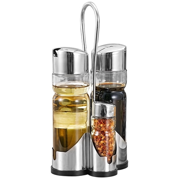 4 Pcs Salt and Pepper Shakers, Oil and Vinegar Dispenser Set, Glass Condiment Bottles with Stainless Steel Holder, Kitchen Countertop Seasoning Organizer, 4.7 x 4.1 x 8.9 in