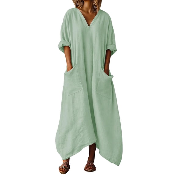 Amkhujs Womens Dresses Summer Casual Loose V Neck 3/4 Length Sleeve Linen Dress Asymmetrical Hem Long Dress with Pockets