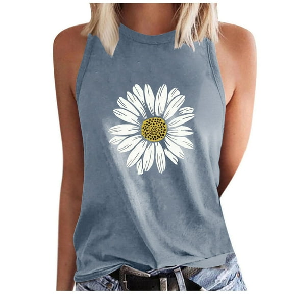 WREESH Women's Floral Graphic Tank Top Crew Neck Sleeveless Summer Fashion Casual T-Shirts Gray
