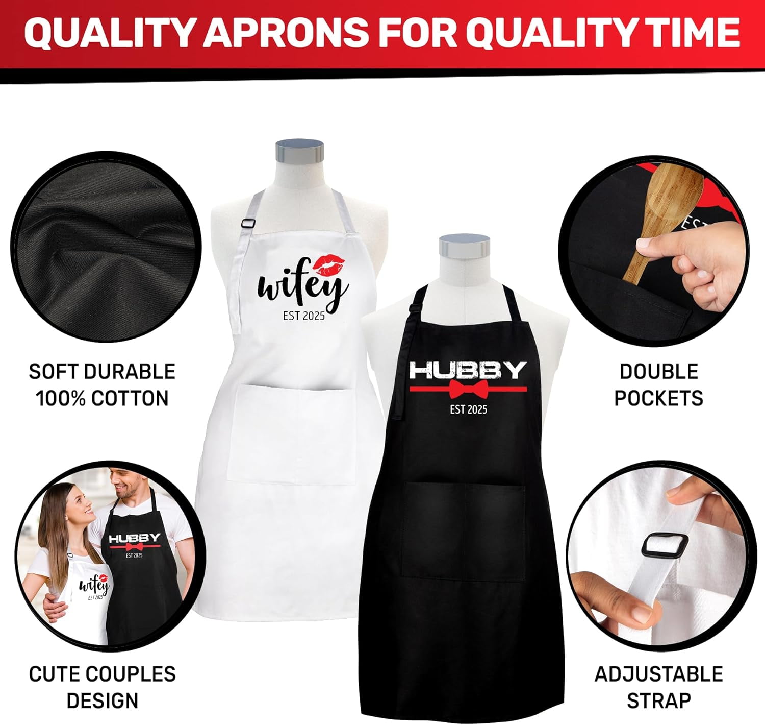 Prazoli Products Mr Mrs Apron Set - Engagement Gifts, Wedding & Bridal Shower Gifts for Couple (Hubby & Wifey Est: 2025, Standard)