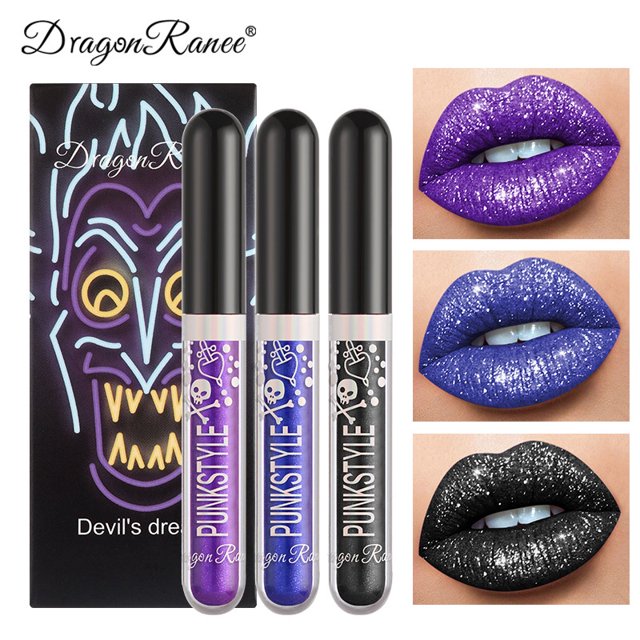 Devil's Dream Halloween Diamond Glitter Lip gloss Kit Impermeable Líquido Negro Lápiz Labial Brillo Y Tinte