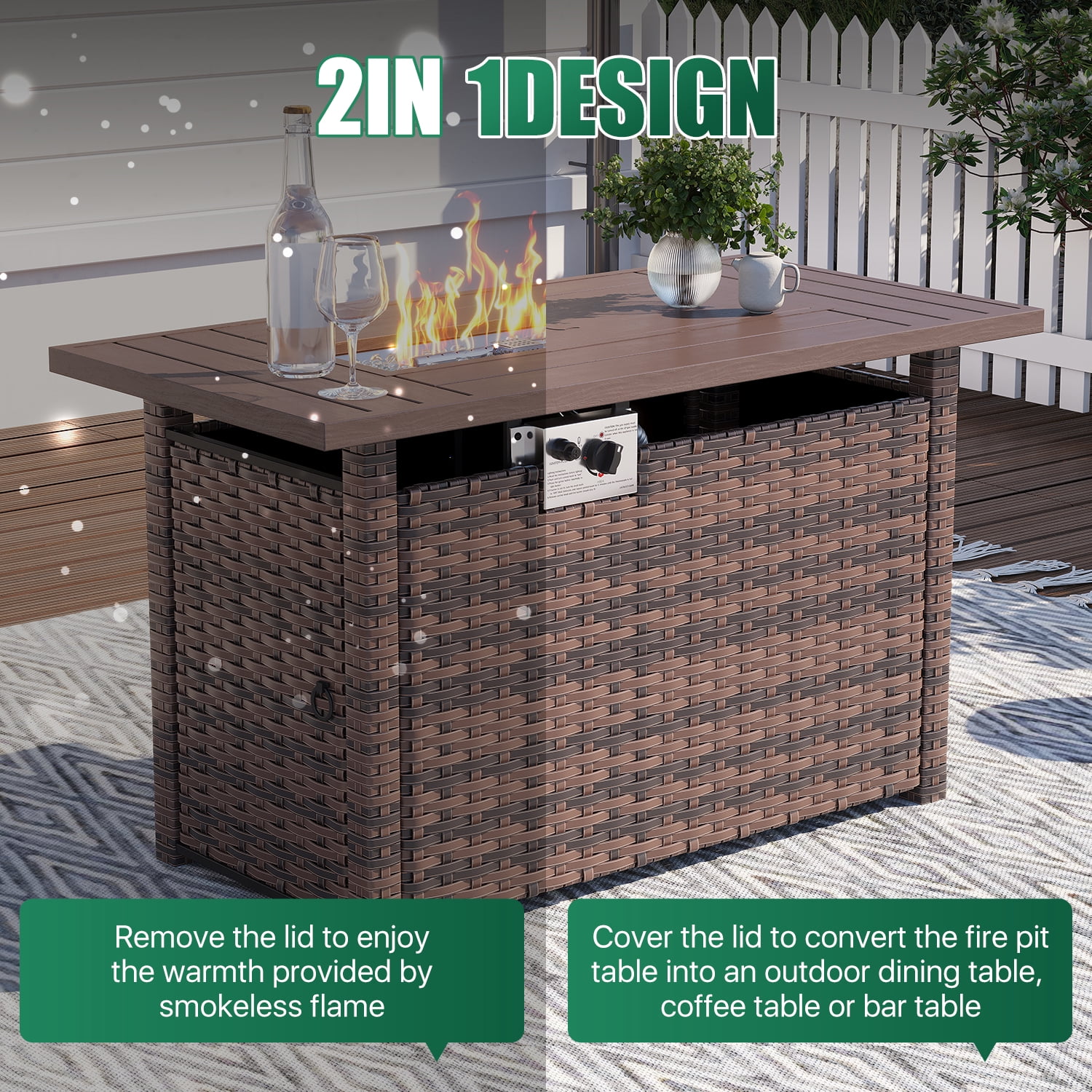 Clouddwell 8 Piece Patio Furniture Set with 44” Fire Pit Table Wicker Rattan Patio Conversation Set Outdoor Sectional Sofa Set with Coffee Table and Blue Cushions(Waterproof Cover Included)