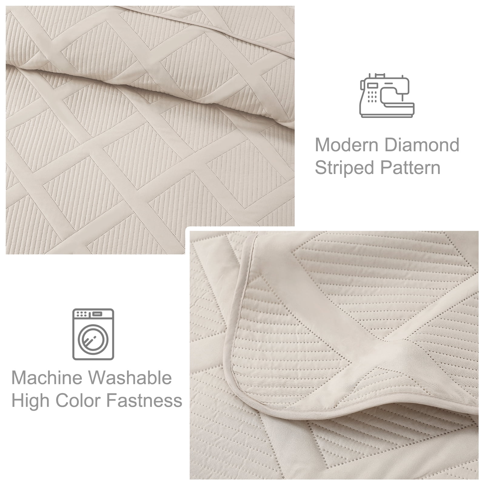 Exclusivo Mezcla Ultrasonic King Quilt Set, 3-Piece Lightweight Bedspreads Modern Striped Coverlet, Brich Beige
