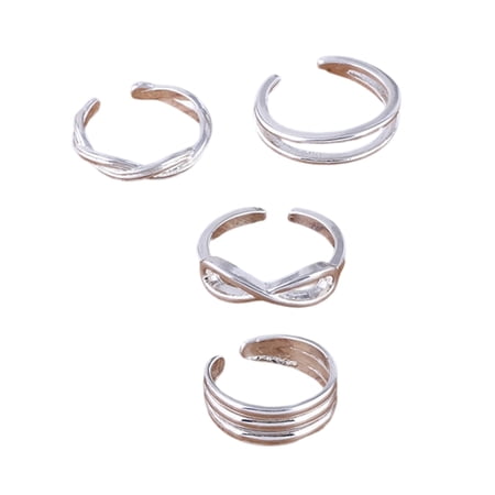 Pack of 4 Adjustable Beach Toe Rings Set Stylish Bohemian Sea Jewelry Alloy Texture Opening Rings for Women Waterproof