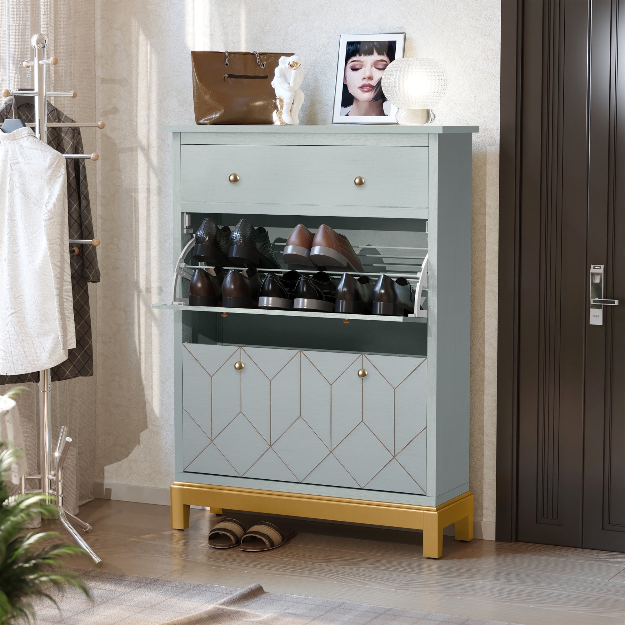 HLR Space Saving Shoe Cabinet, 2 Flip Doors, 1 Drawer, Green HLR Space Saving Shoe Cabinet, 2 Flip Doors, 1 Drawer, Green