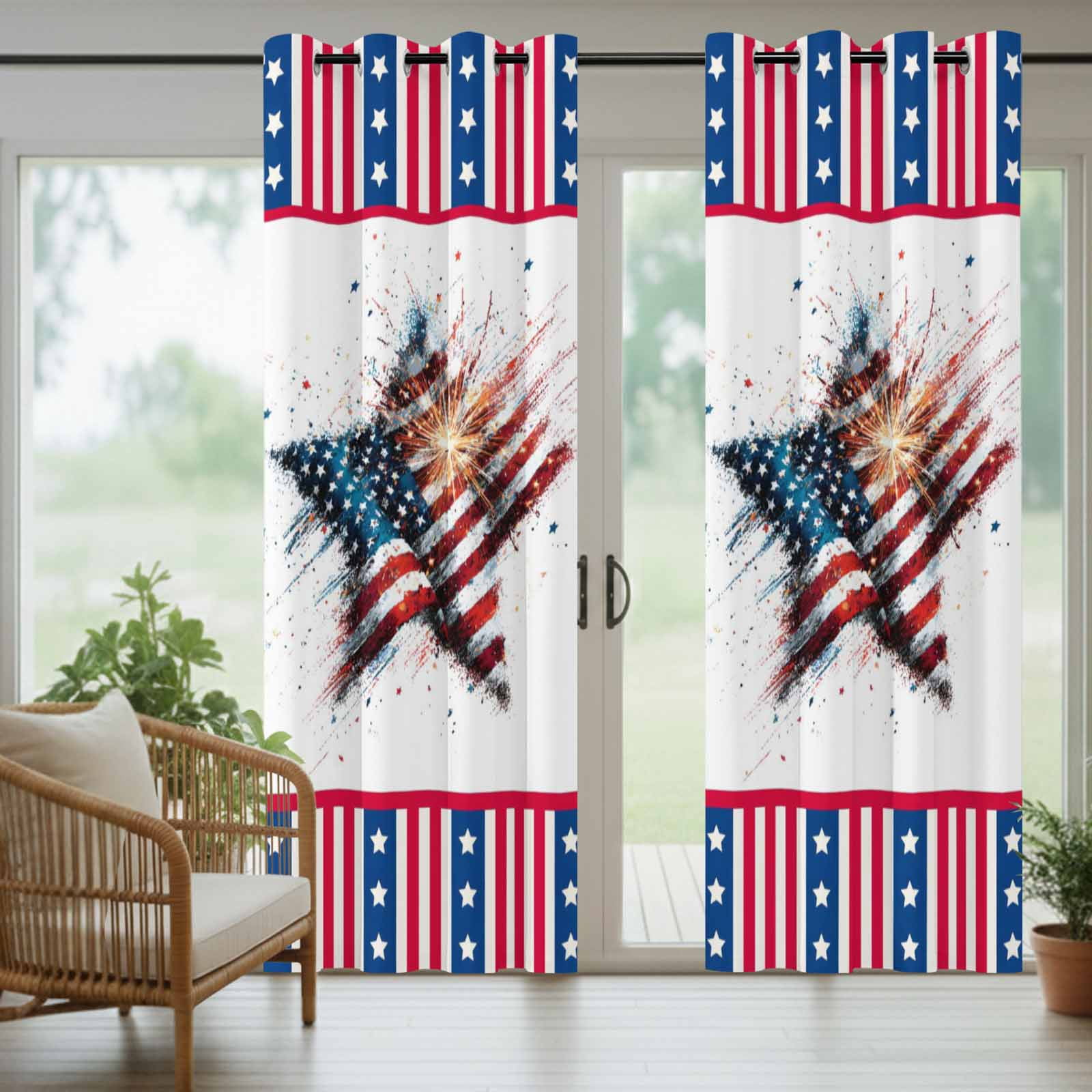 Independence Day Outdoor Curtains for Patio, Abstract American Flag Red Striped Star Sunshade Privacy Drapes Grommet Waterproof Outside Curtains for Porch/Cabana/Balcony 54"x 108", 1 Panel