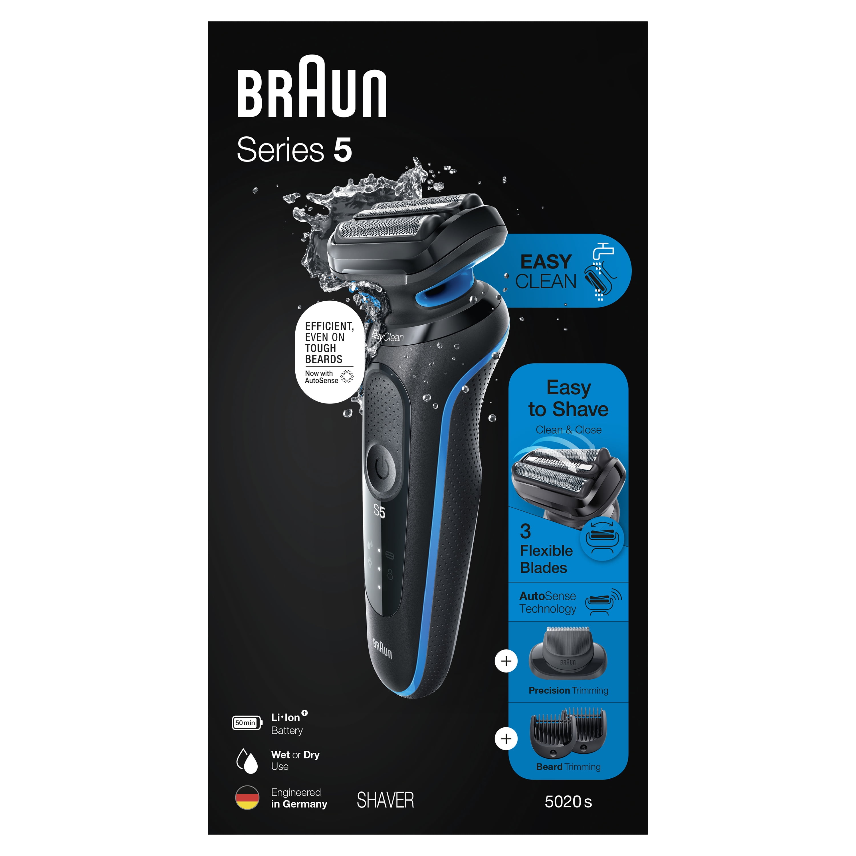 Encyclopedia forælder Gennemsigtig Braun Series 5 5020s Electric Shaver with Beard Trimmer for Men, Wet & Dry,  Rechargeable, Blue - Walmart.com