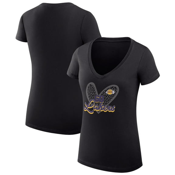 Women's G-III 4Her by Carl Banks Black Los Angeles Lakers Super-Slim Fit Lightweight Leopard Heart V-Neck T-Shirt
