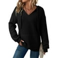 thumbnail image 2 of Htigea Hoodies for Women V-Neck Hooded Sweatshirts Knit Ribbed Long Sleeve Pullover Casual Loose Tunic Tops with Pocket Black M, 2 of 9