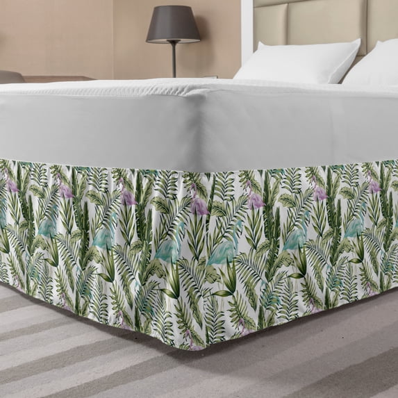 Tropical Bed Skirt, Composition of Jungle Palm Leaves and Exotic Flamingos, Elastic Bedskirt Dust Ruffle Wrap Around for Bedding Decor, 4 Sizes, Olive Green Multicolor, by Ambesonne