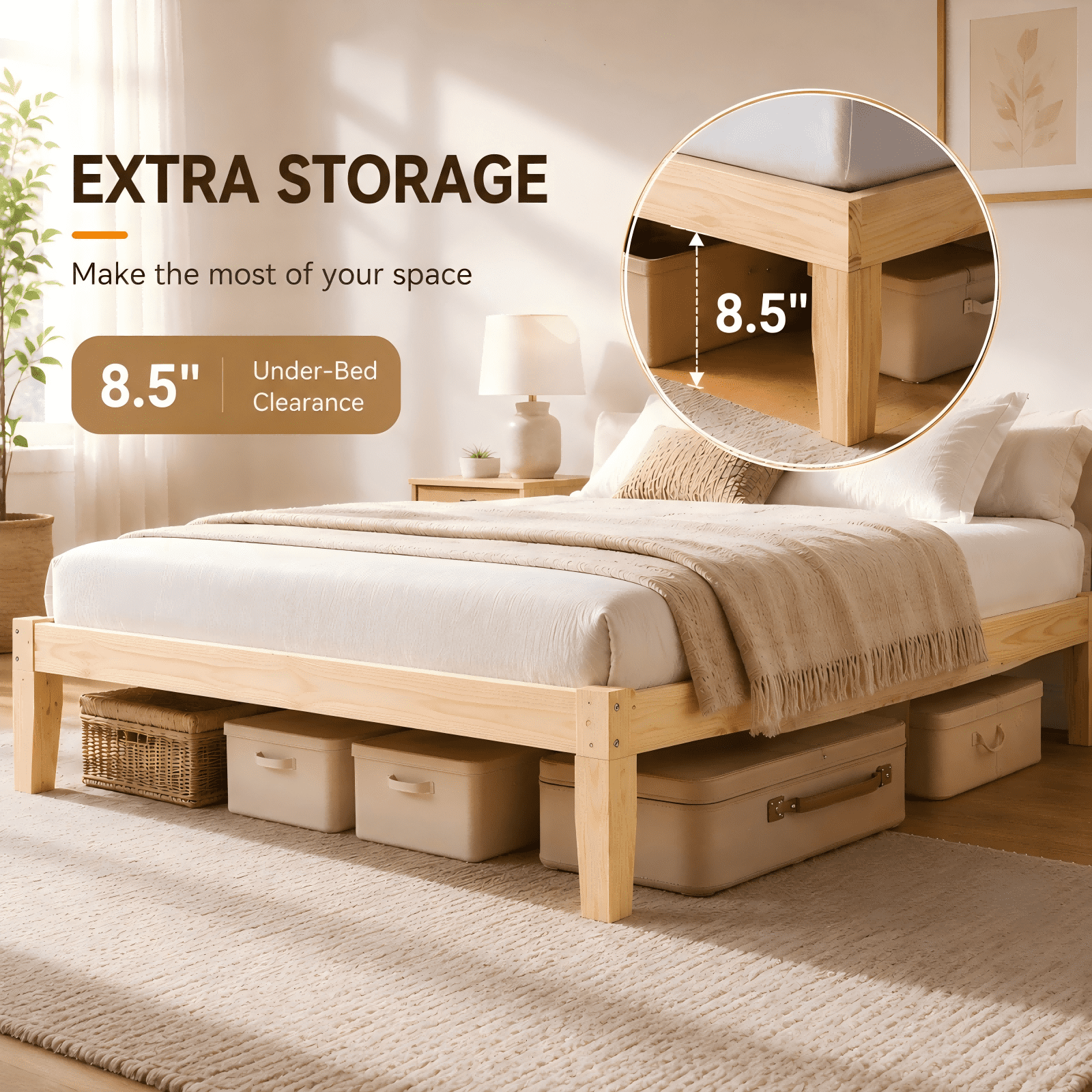 Ktaxon 12" Deluxe Wood Platform Bed Frame, Queen Bed Frame, Mattress Foundation, Natural Wood Finish, Queen