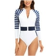 thumbnail image 3 of Jacenvly 2024 One Piece Swimsuits for Women Plus Size Clearance Casual Long Sleeve Diving Suit Striped Zipper Surfing Swimwear Comfortable Fashion Women Conjoined Body Sunscreen Bikinis Tops White, 3 of 6
