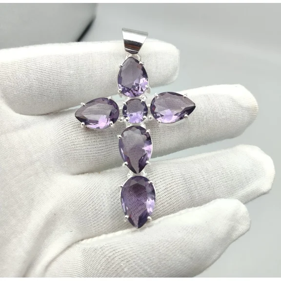 Purple Amethyst Gemstone Handmade 925 Sterling Silver Polished Jewelry Pendant Size 2.4"