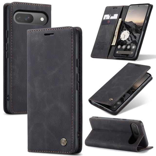 CaseMe Leather for Google Pixel 9/9 Pro Case, Flip Wallet Leather Case with Card Holder Magnetic Closure Shockproof Kickstand Protective Phone Cases Cover for Google Pixel 9/9 Pro,Black