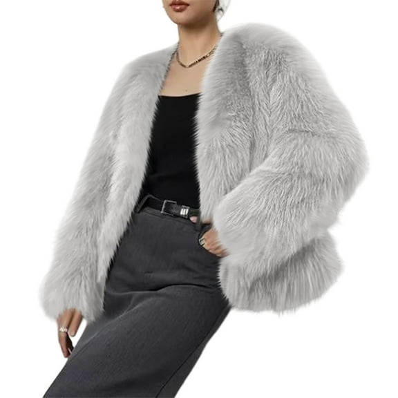 Stichou Womens Faux Fur Coat Winter Shaggy Long Sleeve Open Front Casual Oversized Lapel Jackets Warm Fuzzy Outerwear White 3XL