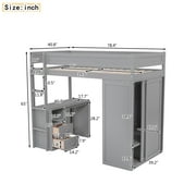 Euroco Wood Twin Size Loft Bed with Desk and Wardrobe, Gray